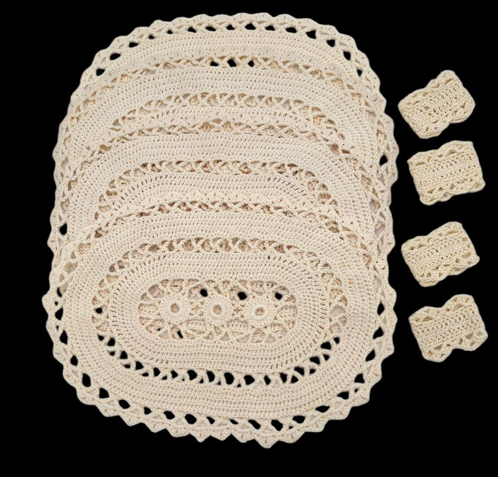 Handmade Crochet Placemats Napkin Rings Set of 4 17x11 Cream Boho Shabby Farm